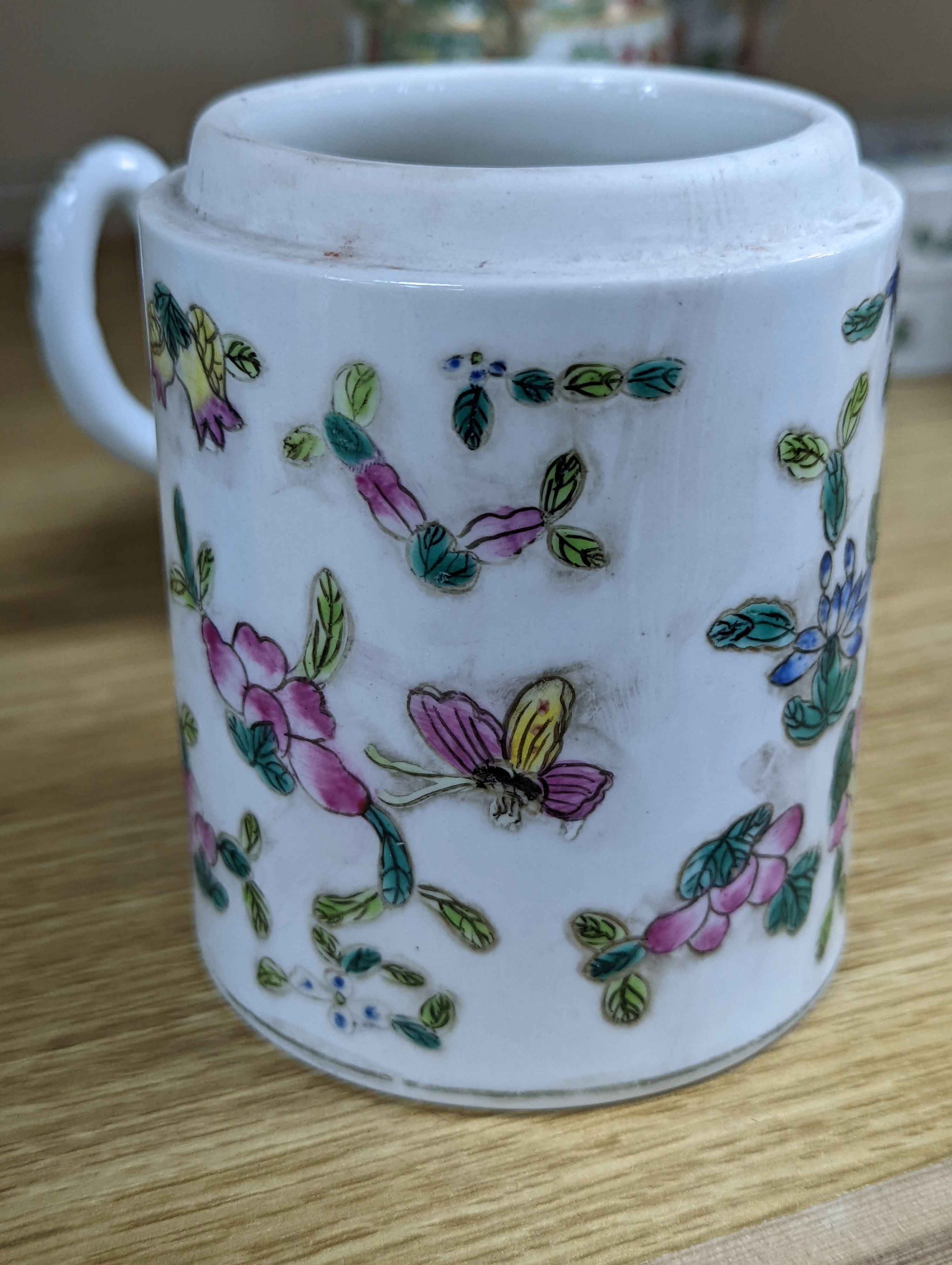 A group of Chinese famille rose vases and jars, a box and cover and a teapot, 19th/20th century, Pair of vases 13 cms high.